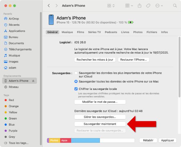 Sauvegarder un iPhone dans le Finder sous macOS Catalina