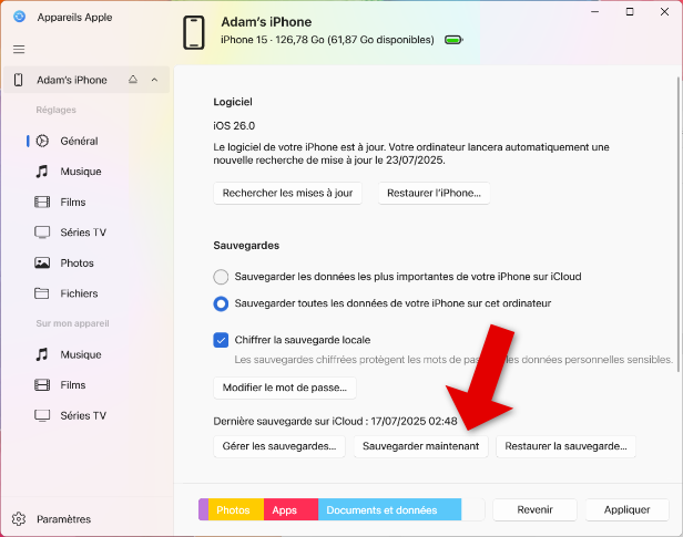 Sauvegarder un iPhone avec l'application Appareils Apple
