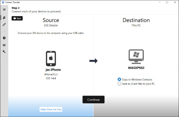 Connecting an iPhone with PC in order to export contacts