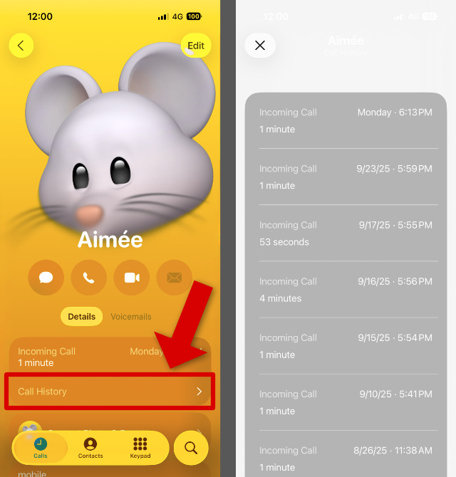Accéder à l’historique des appels étendu d’un contact sur iPhone