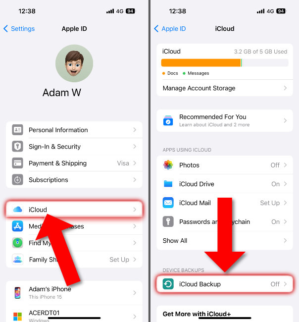 Options de sauvegarde iCloud dans les réglages de l'iPhone