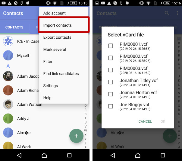 Importer des contacts sur Android.