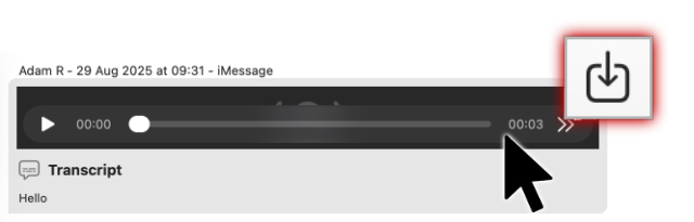 Enregistrement d’un message audio depuis une conversation avec Messages Export Pro