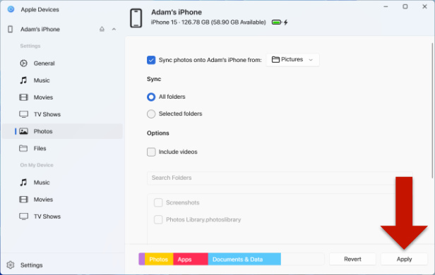 Synchronisation des photos du PC vers l’iPhone avec l’app Apple Devices