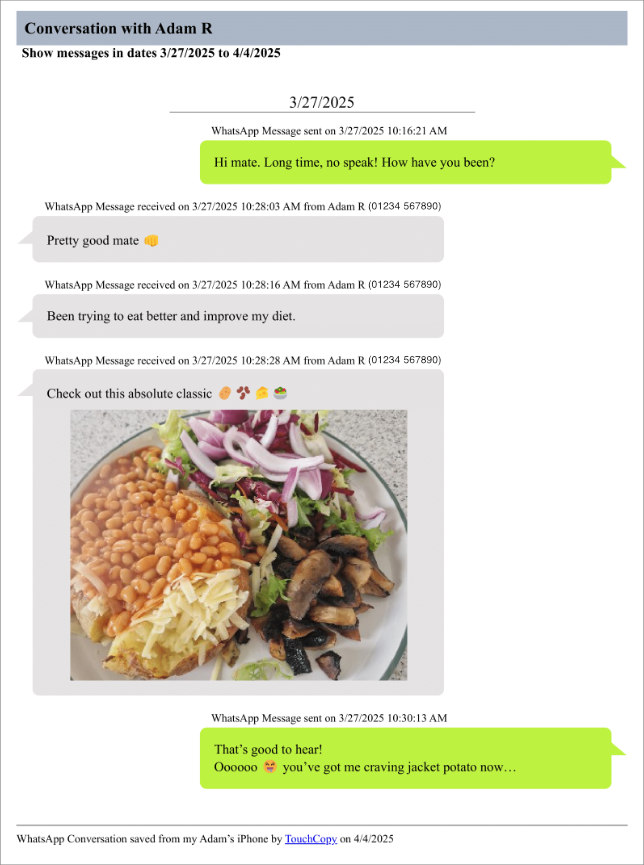 Exemple d’impression d’un échange de messages iPhone avec TouchCopy