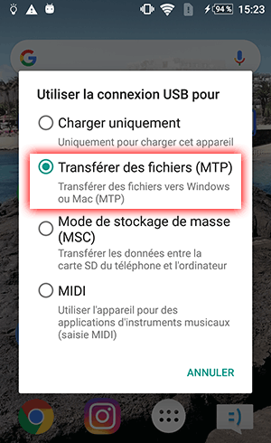 Configurer Android pour transférer des fichiers vers un PC