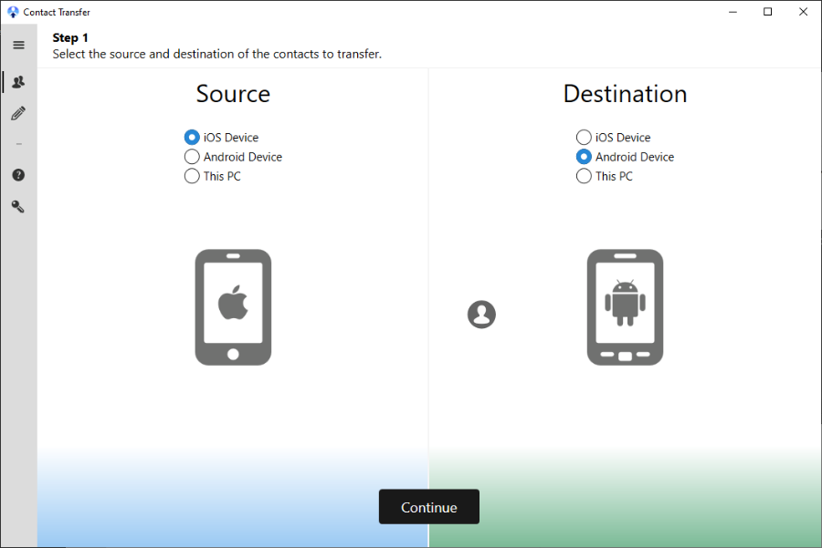 Sélection de l’appareil dans Contact Transfer