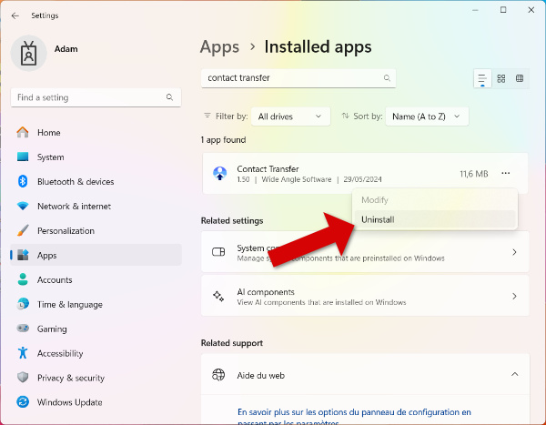 Désinstaller Contact Transfer sur Windows 10 / 11
