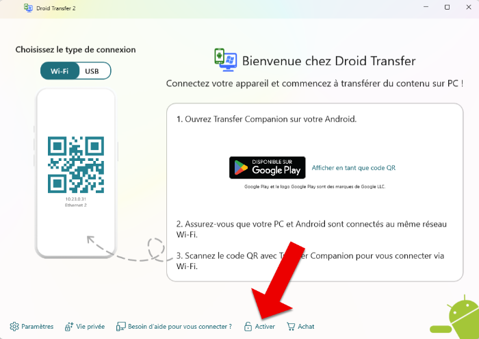 Pour activer Droid Transfer