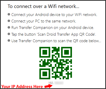 Emplacement de l'adresse IP de la connexion WiFi de Droid Transfer