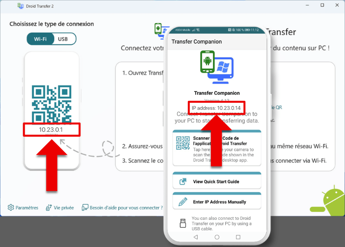 Emplacement de l'adresse IP de la connexion WiFi de Droid Transfer