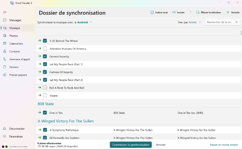 Droid Transfer Mode de synchronisation avancée