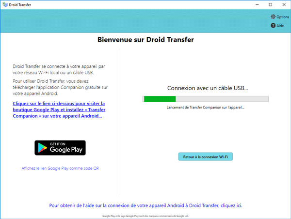 connect droid transfer and transfer companion with usb