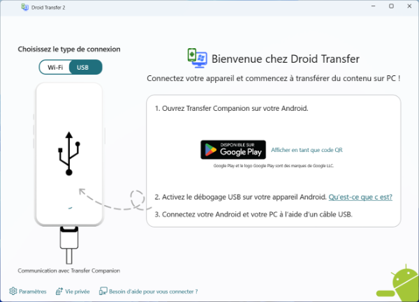 connect droid transfer and transfer companion with usb