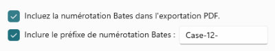 Capture d’écran des options de numérotation Bates et de préfixe