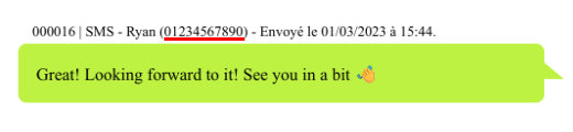 Exemple de nom et de numéro de téléphone affichés au-dessus des messages envoyés