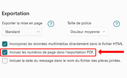 Réglages permettant d’activer la numérotation des pages PDF