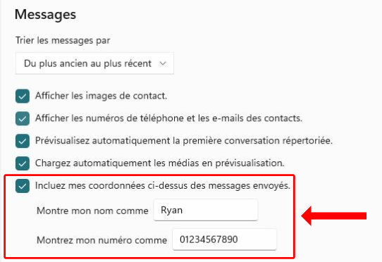 Réglages permettant d’ajouter le nom et le numéro de téléphone au-dessus des messages envoyés
