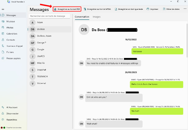 Capture d’écran du bouton d’exportation au format PDF mis en évidence dans Droid Transfer