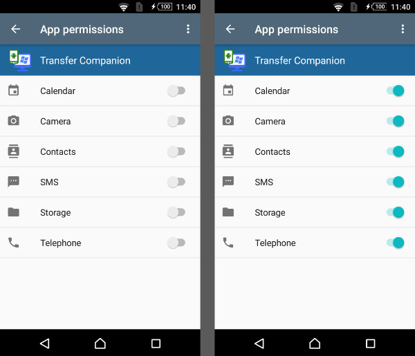 Comment définir des autorisations d'application pour Transfer Companion