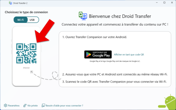 Droid Transfer connect screen