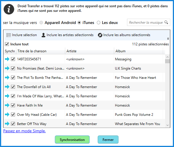 Utilisation du mode avancé de la synchronisation iTunes