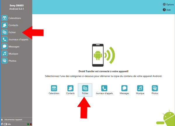 Droid Transfer montre les fichiers et dossiers sur votre appareil Android