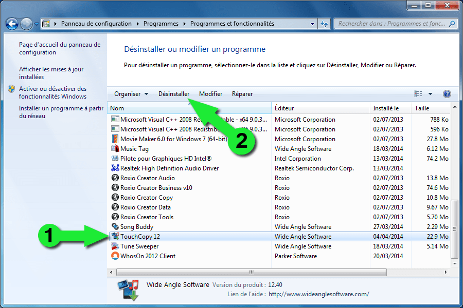 Désinstaller un TouchCopy