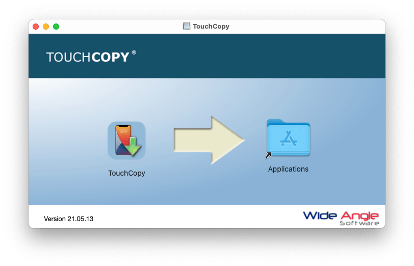 Glissez et déposez l'icône de TouchCopy dans votre dossier Applications.