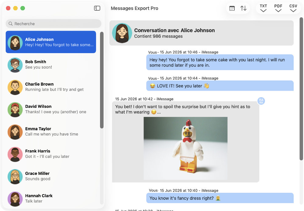 Interface de Messages Export Pro
