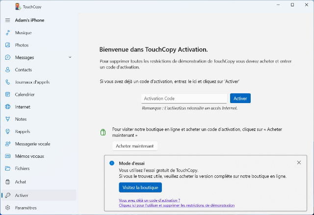 Saisir le code d'activation TouchCopy sur le PC