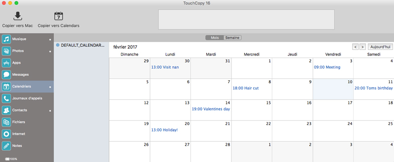 Copier des calendriers avec TouchCopy