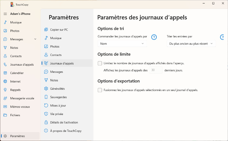 Options du journal d’appels TouchCopy