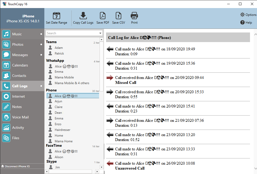 Image montrant les journaux d'appels avec TouchCopy