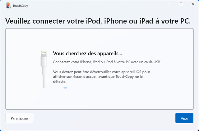 Connecter l'appareil à TouchCopy sur le PC