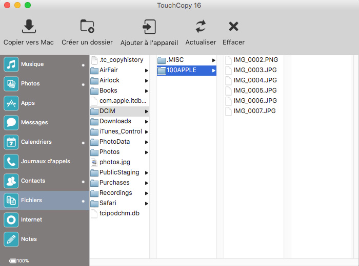Fichiers dans TouchCopy