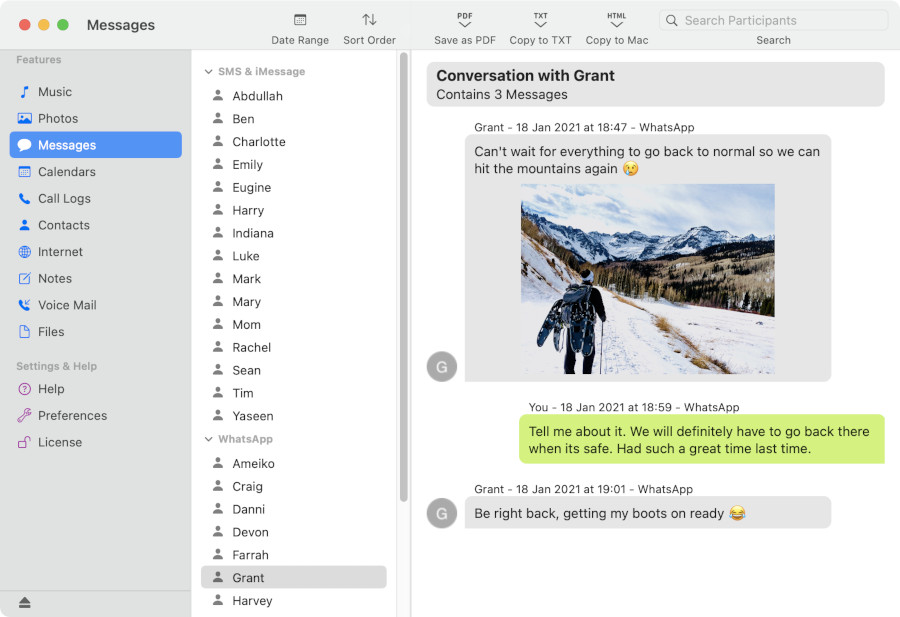 Affichage des messages WhatsApp de l’iPhone avec TouchCopy sur Mac