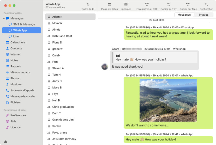 Affichage des messages WhatsApp de l’iPhone avec TouchCopy sur Mac