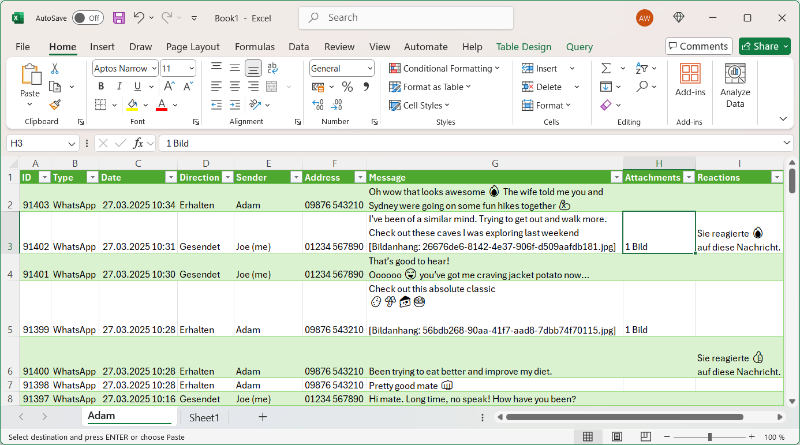 Exemple de conversation exportée en CSV avec TouchCopy