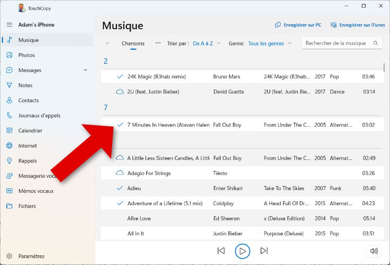 Historique de copie de musique TouchCopy Windows