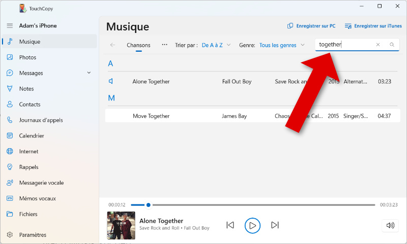 Rechercher des morceaux dans TouchCopy