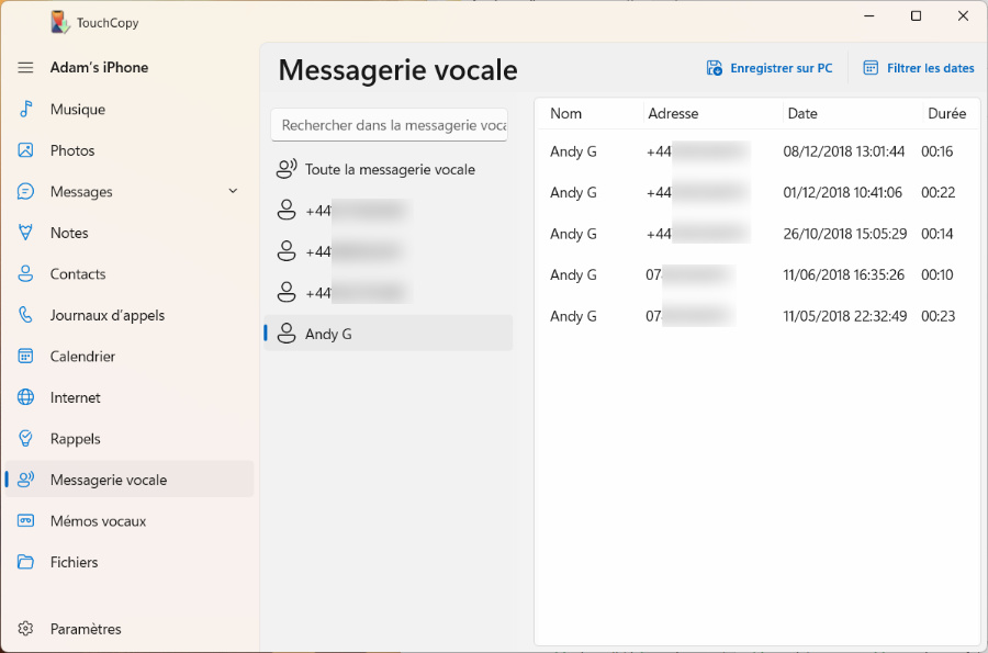 Sauvegarder les messages vocaux iPhone sur PC avec TouchCopy
