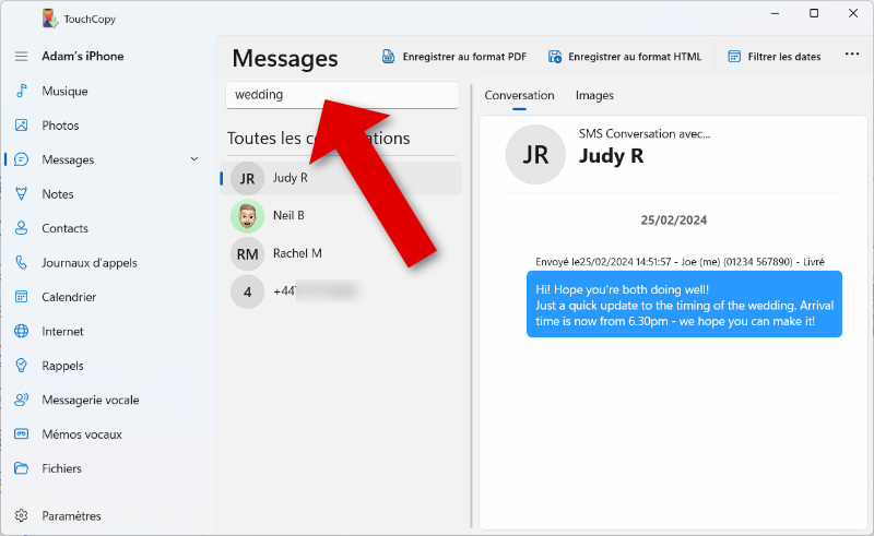 Rechercher des messages iPhone avec TouchCopy