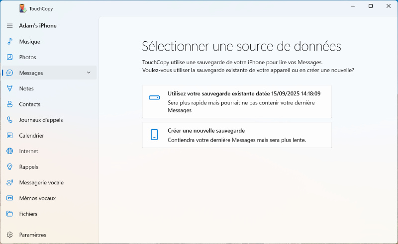 TouchCopy créant une sauvegarde de l’appareil connecté