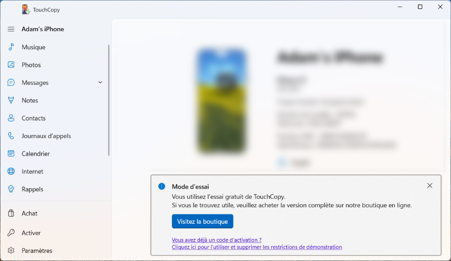 TouchCopy pour PC lancé en mode démo