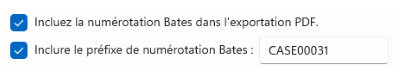 Capture d’écran des options de numérotation Bates et de préfixe