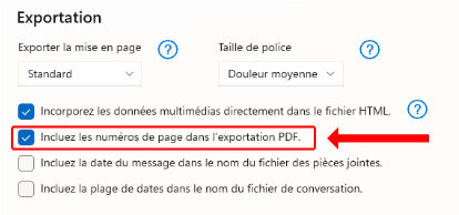 Réglages permettant d’activer la numérotation des pages PDF