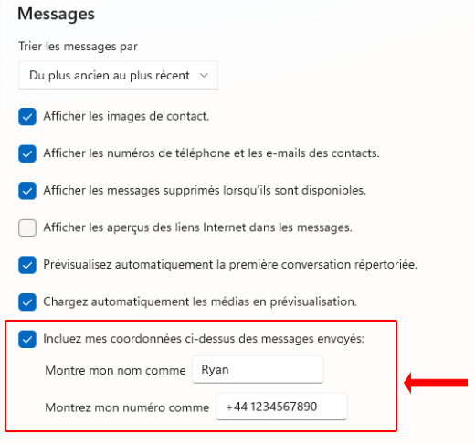 Réglages permettant d’ajouter le nom et le numéro de téléphone au-dessus des messages envoyés