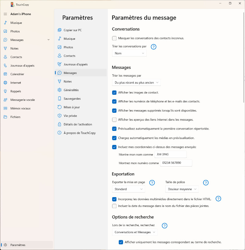 Options Messages de TouchCopy