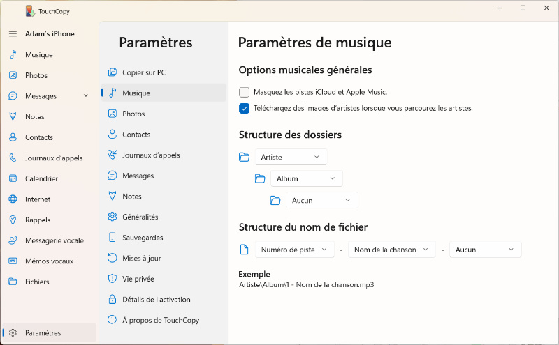 Options Musique de TouchCopy